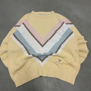 Braemar Vintage Mens Yellow Cotton Chevron Knit Sweater Large Retro Preppy